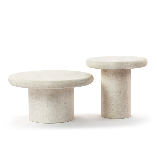 Orazio Round Mushroom Marble Coffee Table & Side Table with Cylinder Pedestal Base Set