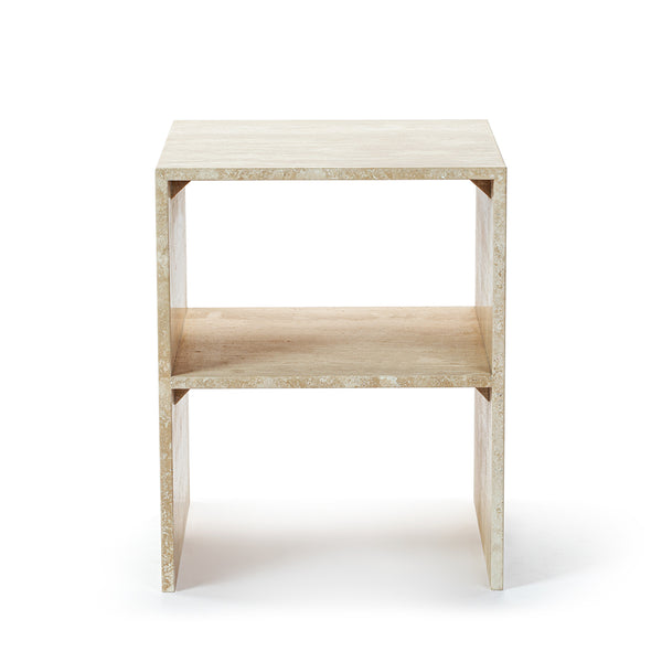 Campo Minimalist White Travertine End Table With Shel