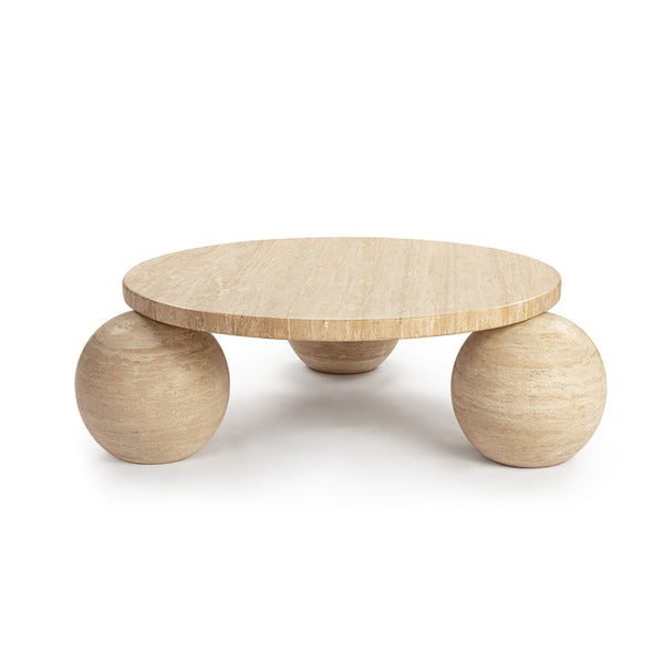 Amara Round Travertine Coffee Table with 3-Sphere Bas